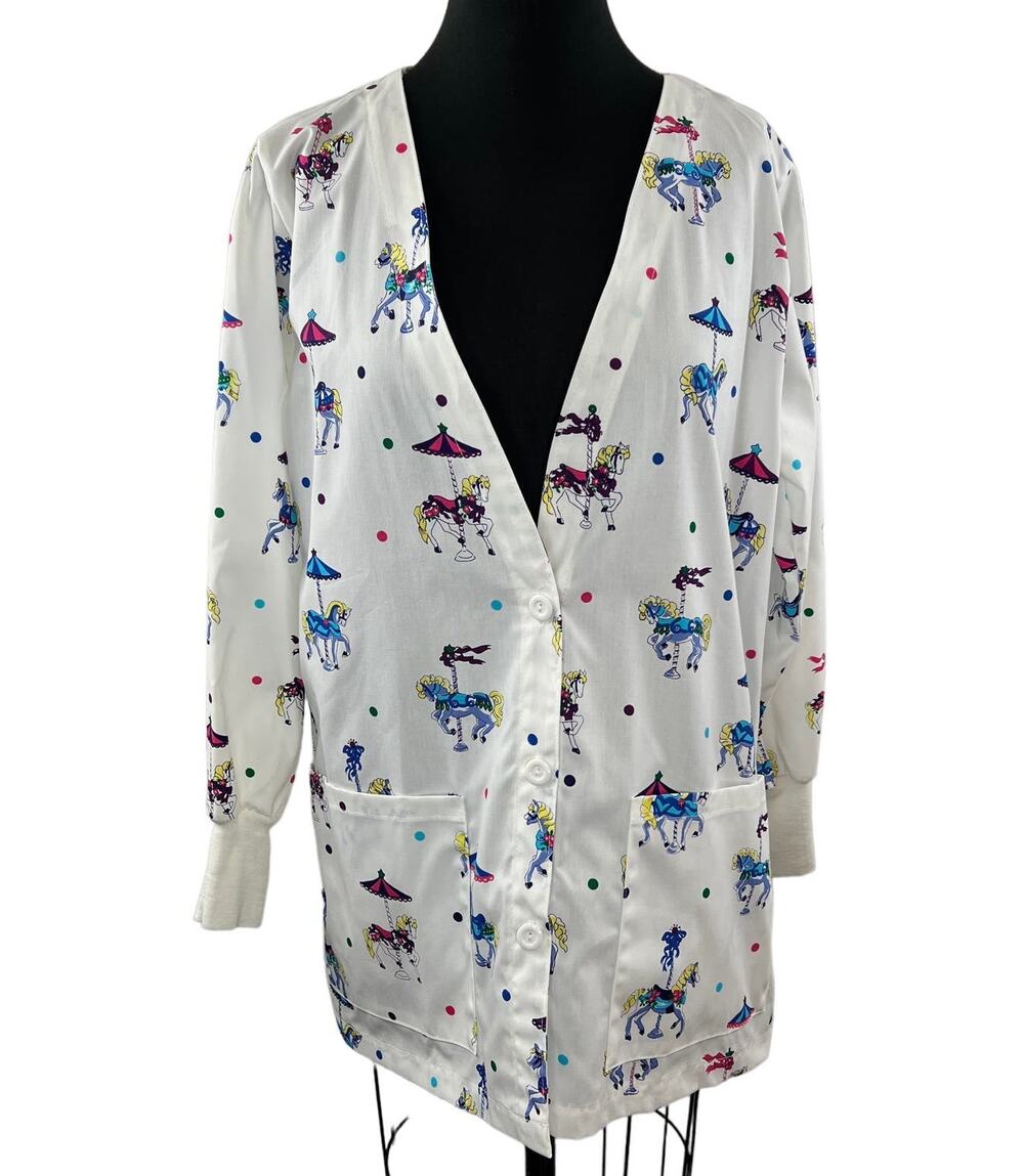 Landau White Scrub Top Cotton Carousel Long Sleeve Button Front Size M Med NEW